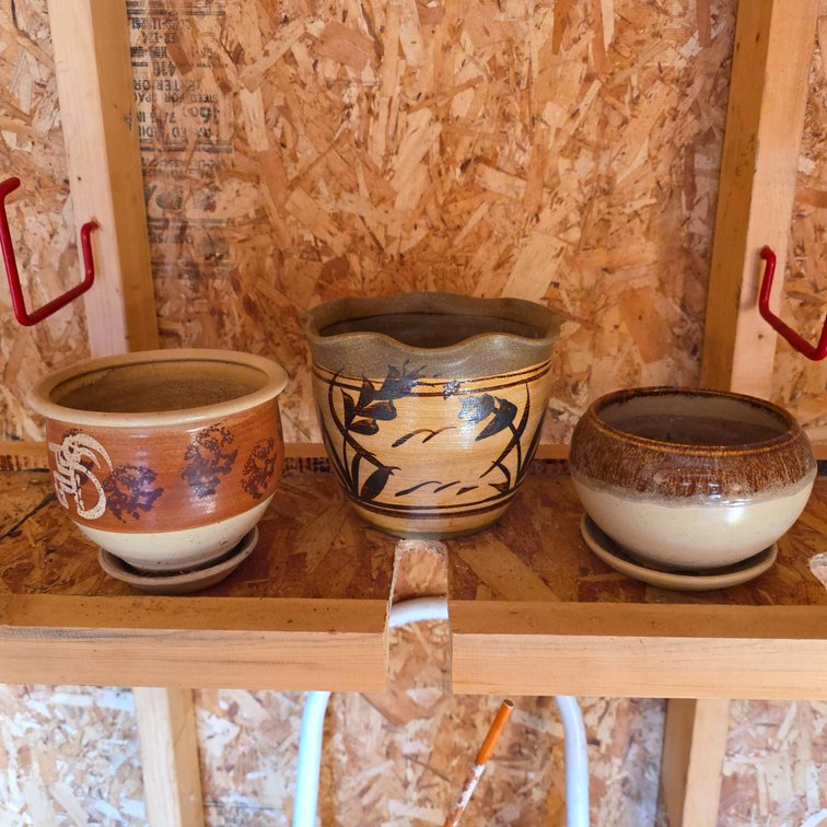 Three Handcrafted Glazed Ceramic Planters with Painted and Incised Designs