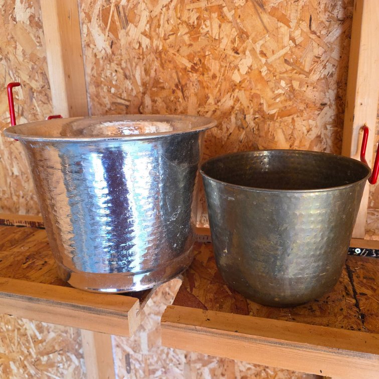 Hammered Metal Planters, Made in India, Silver and Brass Tone, Set of Two with Distinct Finishes