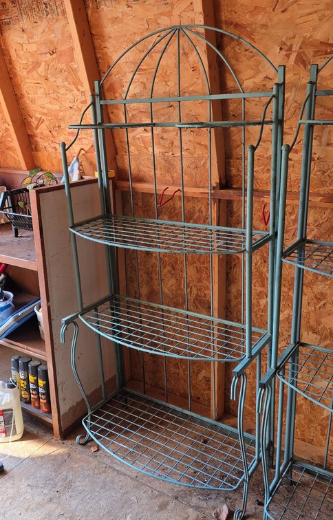 Turquoise Metal Garden Baker's Racks with Arched Top and Three Shelves Each