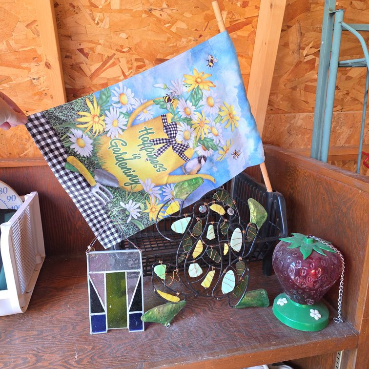 Garden Decor Lot: Flag, Stained Glass Frog, Abstract Panel, Strawberry Lamp