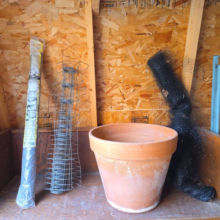 Garden Supplies Lot: Pet Resistant Screen, Tomato Cages, Large Terra Cotta Pot, Wire Mesh Roll