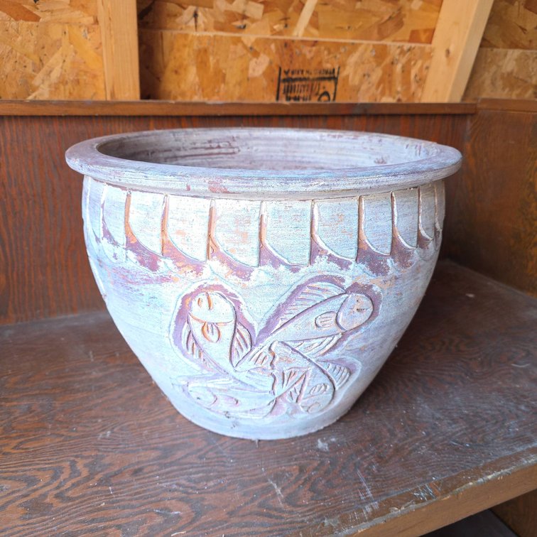 Large Hand-Carved Clay Planter With Fish Motif and Noted Rim Chip