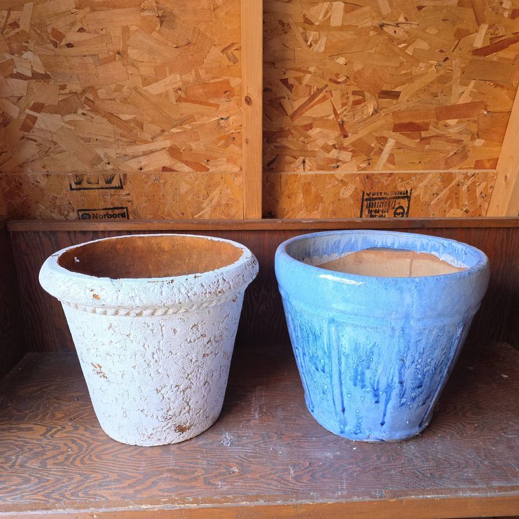 Large Outdoor Styrofoam and Terra Cotta Planters, One Whitewashed, One Blue Glazed