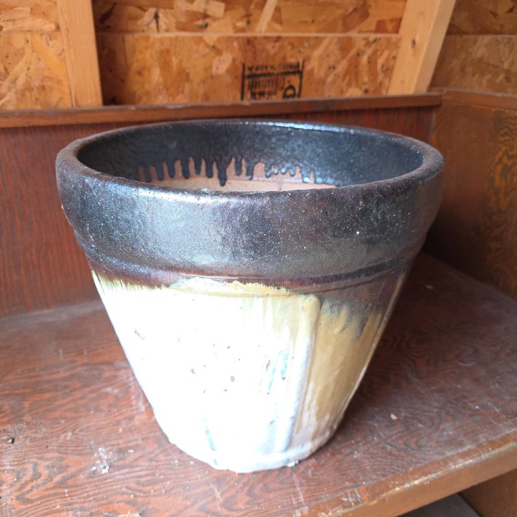 Large Glazed Stoneware Planter With Brown and Cream Drip Glaze Finish and Drainage Hole