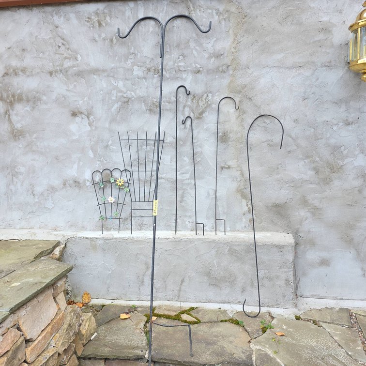 Metal Garden Trellises With Decorative Flowers and Shepherd's Crook Plant Hangers