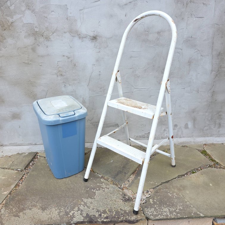 Two-Step Folding Steel Step Ladder and Blue Plastic Lidded Waste Bin Pair