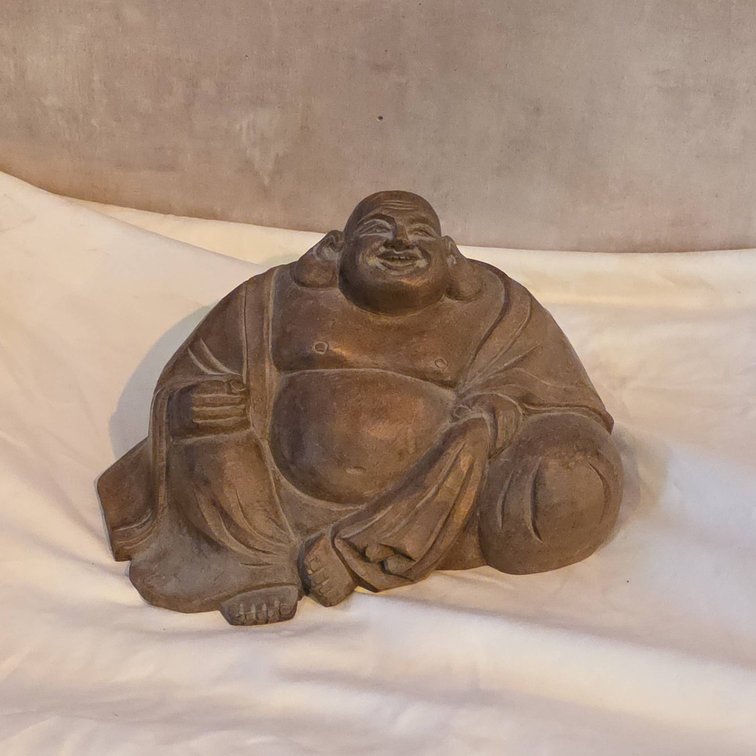 Hand-Carved Wooden Seated Buddha Figure, Smiling Motif, Natural Finish