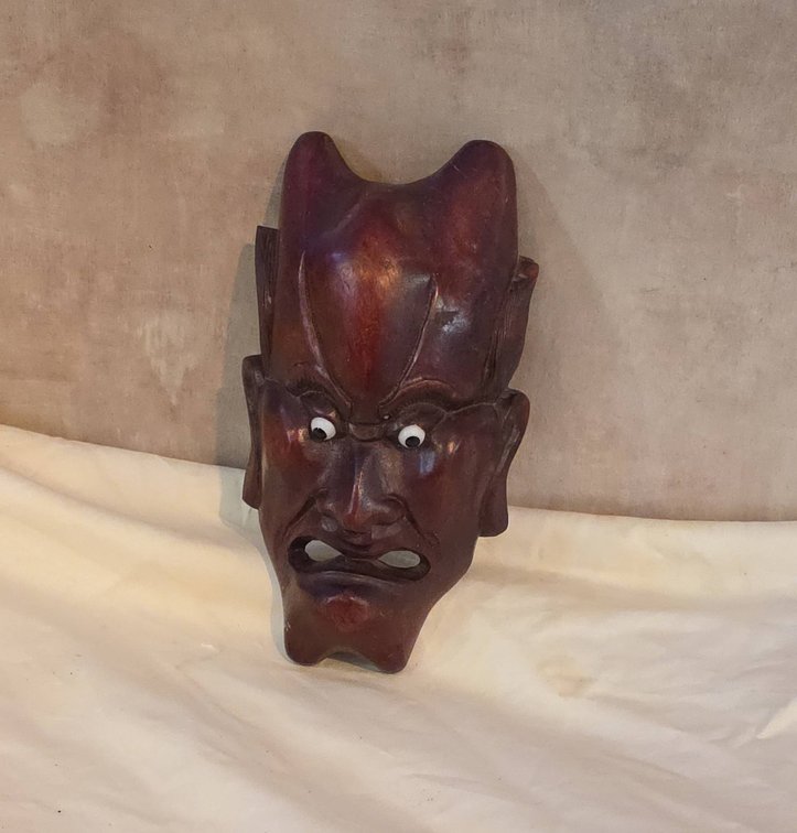 Carved Wooden Theater Mask with Expressive Features, 5" x 9"