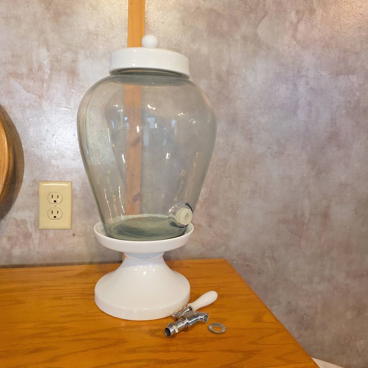 Glass Beverage Dispenser With White Ceramic Lid and Base, 2.5 Gallon Capacity, Includes Spigot