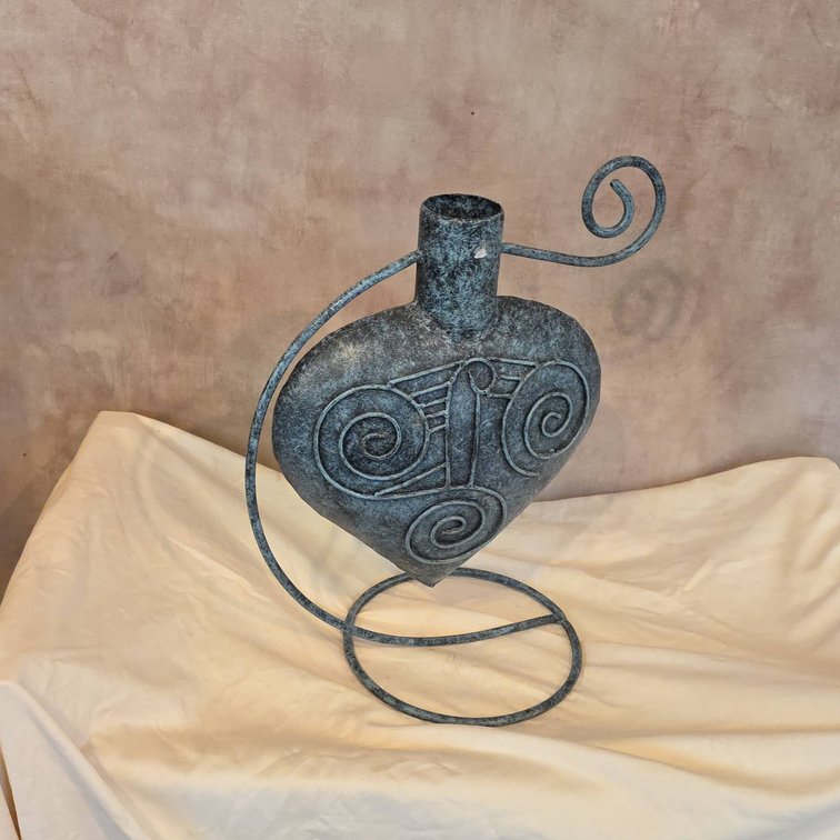 Decorative Heart-Shaped Metal Vase with Spiral Motif and Stand, Overall Dimensions 12" x 16"