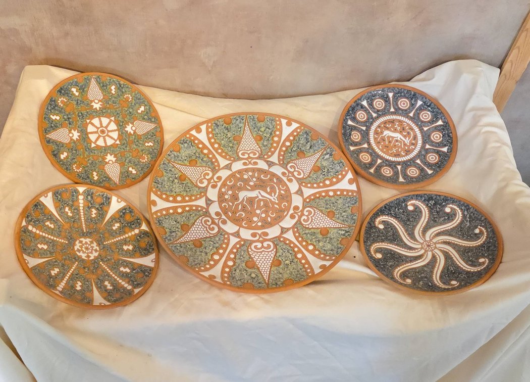 Bonis Pottery Rhodes Greece Handmade Ceramic Plates Set of 5, Decorative Designs