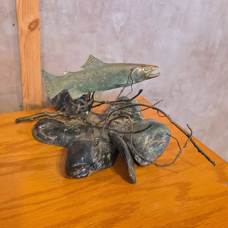Sculpture of Brass Fish With Branches on Stone Base, Mixed Metal and Stone Tabletop Display