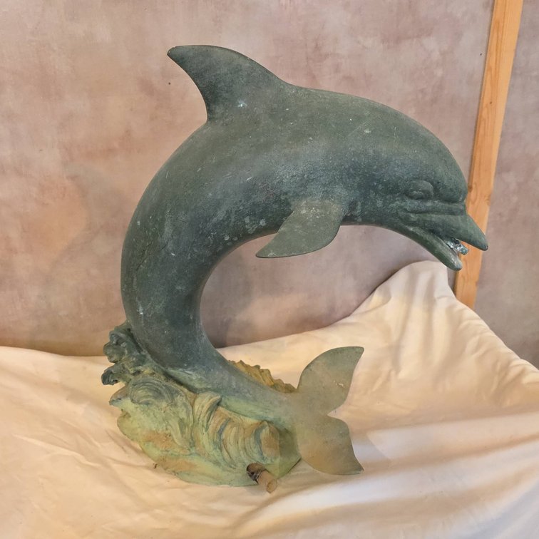 Cast Metal Dolphin Fountain Sculpture with Patina Finish and Wave Base