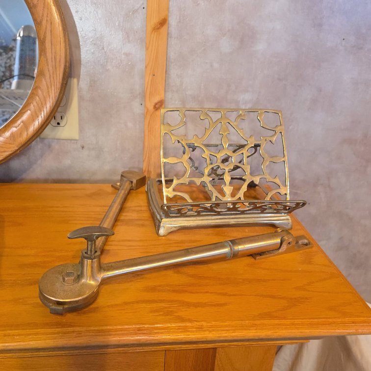 Brass Book Stand and Pair of Brass Plated Window Stays with Decorative Patterned Design