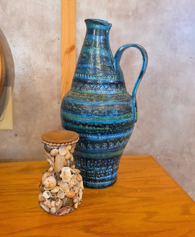 Blue Glazed Pottery Jug with Handle and Spout and Shell-Covered Vase, Tallest Piece 14 Inches