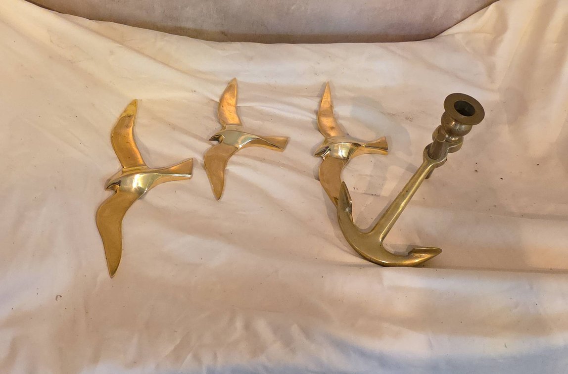 3 Brass Flying Bird Wall Plaques and Anchor Form Candlestick, Longest Piece Measures 6 Inches