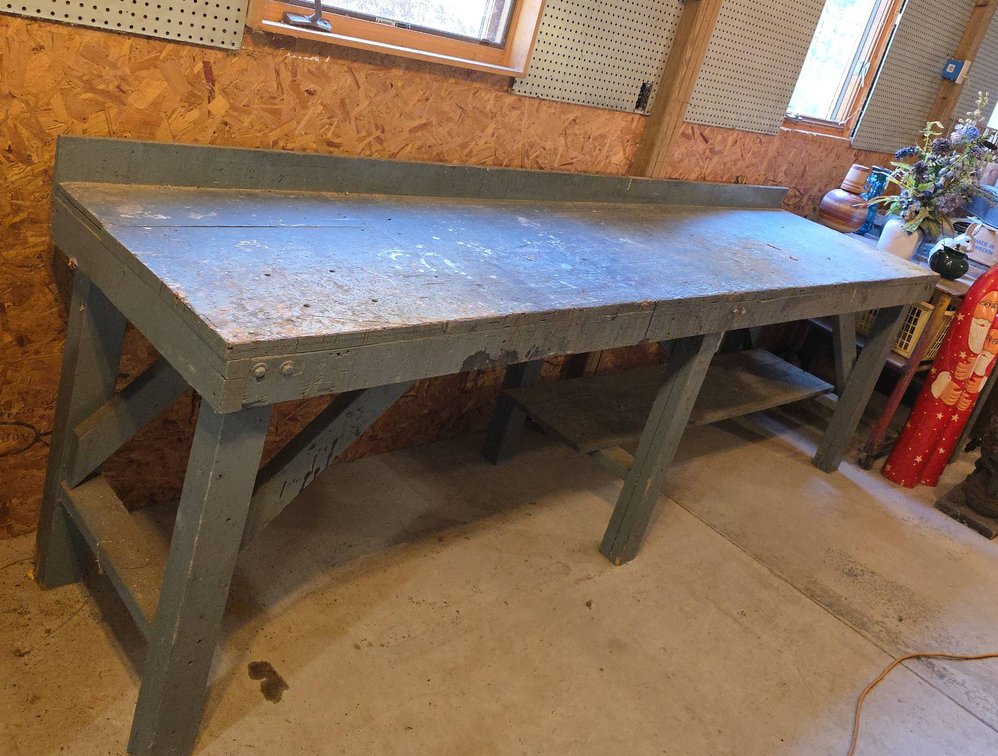 Heavy-Duty Wood Work Bench with Electrical Outlet and Lower Shelf, Blue Painted Finish