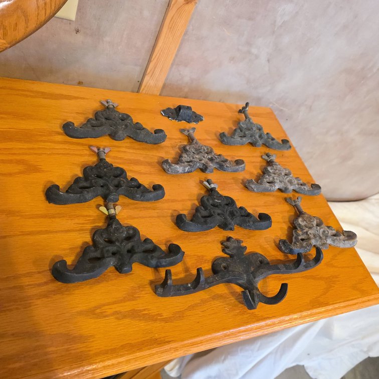 10 Cast Iron Ornate Hardware Hooks, Mix of Black and Aged Finishes, Longest 10 Inches
