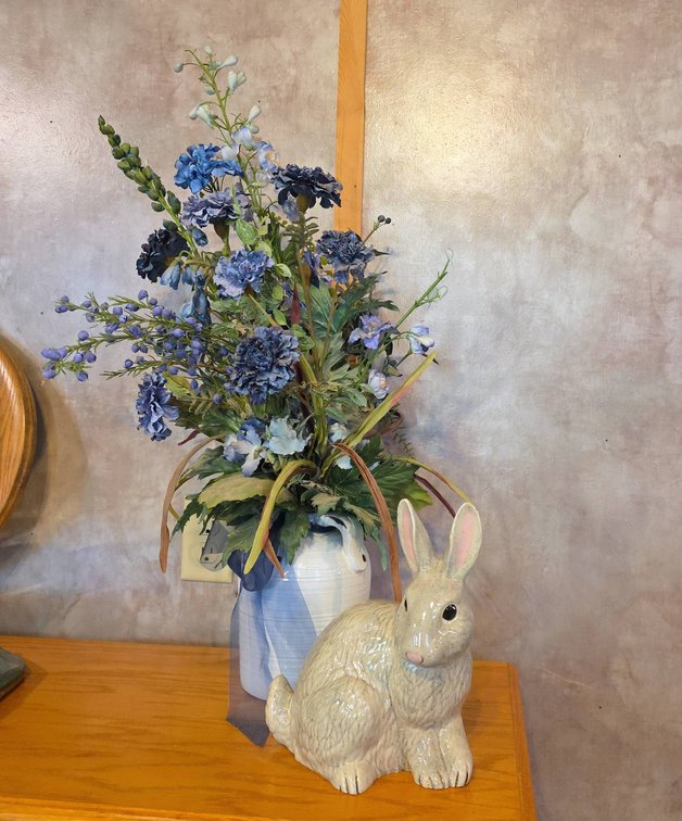 Ceramic Rabbit Figure and White Jug with Faux Blue Flowers, Jug 31" Tall, Decorative Arrangement