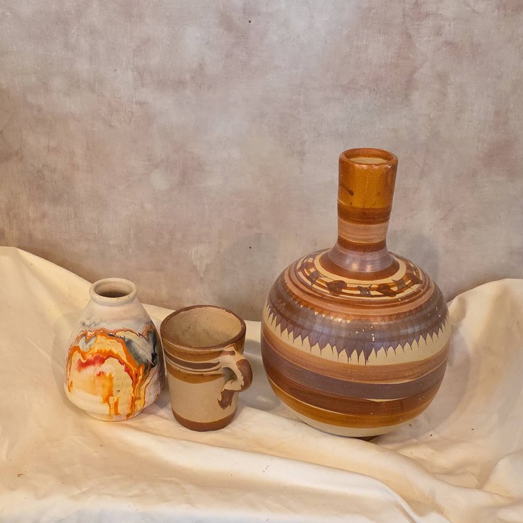 Three-Piece Pottery Group: Nemadji USA Swirl Vase, Hand-Painted Jug, and Mug, 14" Tallest