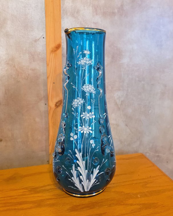Blue Art Glass Vase With White Floral Enamel, Clear Applied Decoration, Gold Rim