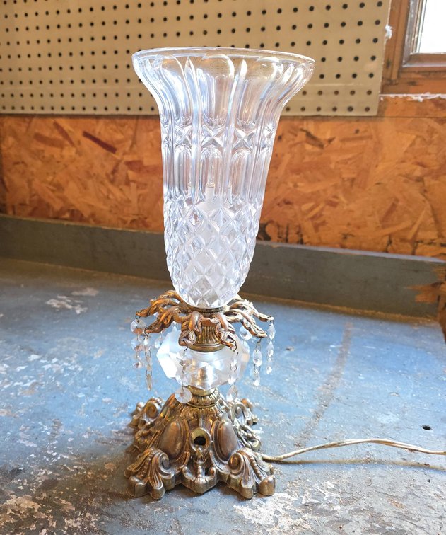 Electric Crystal and Brass Table Lamp with Cut Glass Shade and Ornate Metal Base