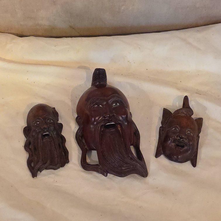 Three Hand-Carved Asian-Style Wood Mask Plaques