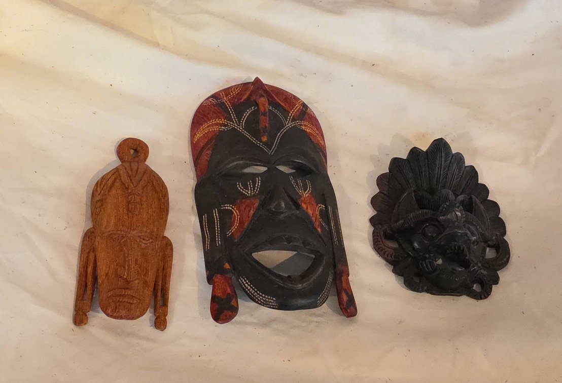 Three Carved Wooden Masks Including Jambu Kenya Mask, Tribal, and Mythical Beast, Largest 7.5 Inches