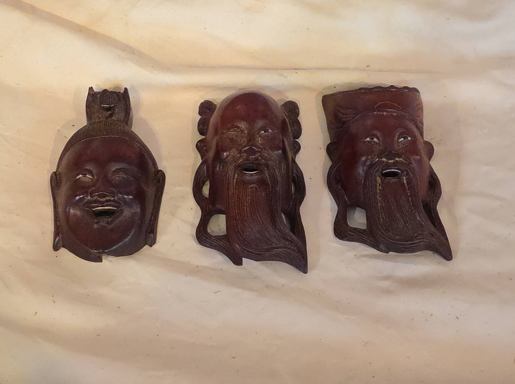 3 Carved Wood Asian Mask Plaques with Facial Expressions, Largest Measures 5.5 Inches