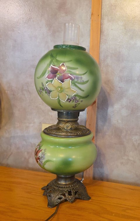 Miller Hand-Painted Floral Glass Hurricane Lamp with Ornate Metal Base and Three-Way Switch, 22" Tall