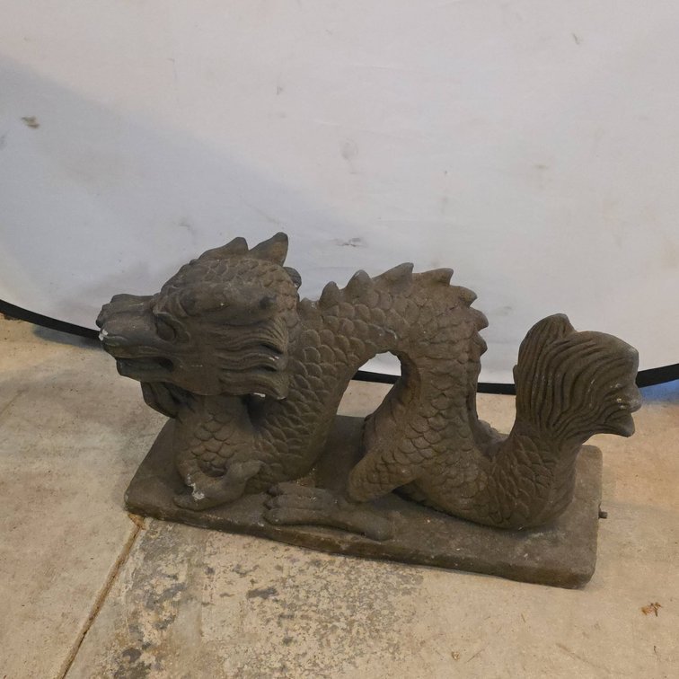 Cast Concrete Asian Dragon Garden Sculpture on Rectangular Base