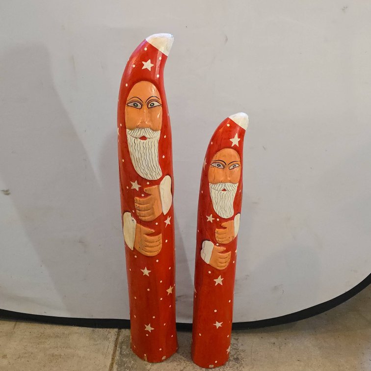 Hand-Carved and Painted Wooden Santa Figures with Star Motif, Tallest Figure 40 Inches
