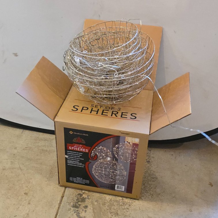 Member's Mark Pre-Lit Set of 3 Champagne Glitter Spheres, 200 LED Lights, For Assembly