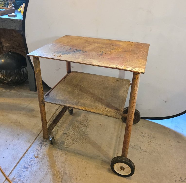 Metal Rolling Cart With Wooden Shelf, Utility Style, Two Wheels and Casters, Industrial Use