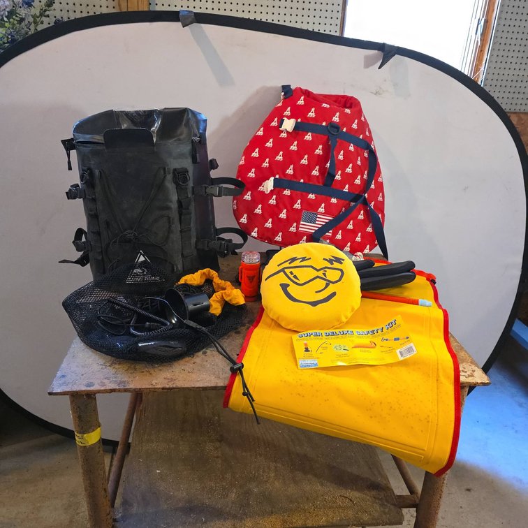 Dog Life Vest, Seattle Sports Super Deluxe Safety Kit, Dry Bags, NRS Pads, Paddle Accessories