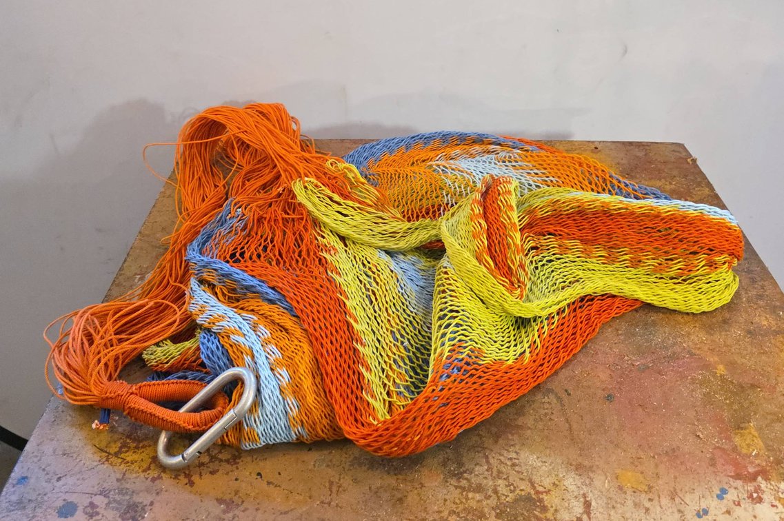 Multicolor Woven Hammock With Metal Carabiners, Orange, Yellow, Blue, And Light Blue Stripes