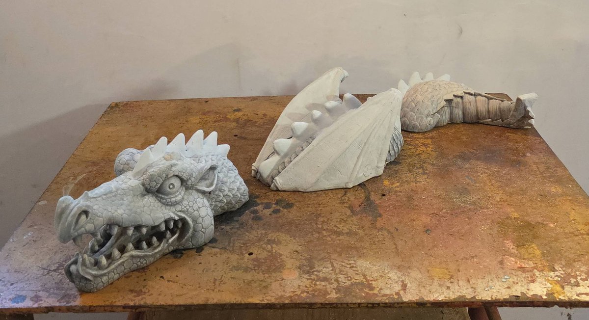 Dragon Garden Sculpture Three-Piece Set Hand-Painted Resin, 28" Overall Length Fantasy Creature Decor