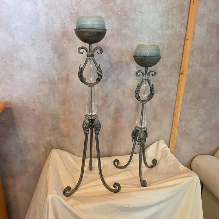 Decorative Metal and Plastic Candle Holders with Scrollwork and Crystal Accents