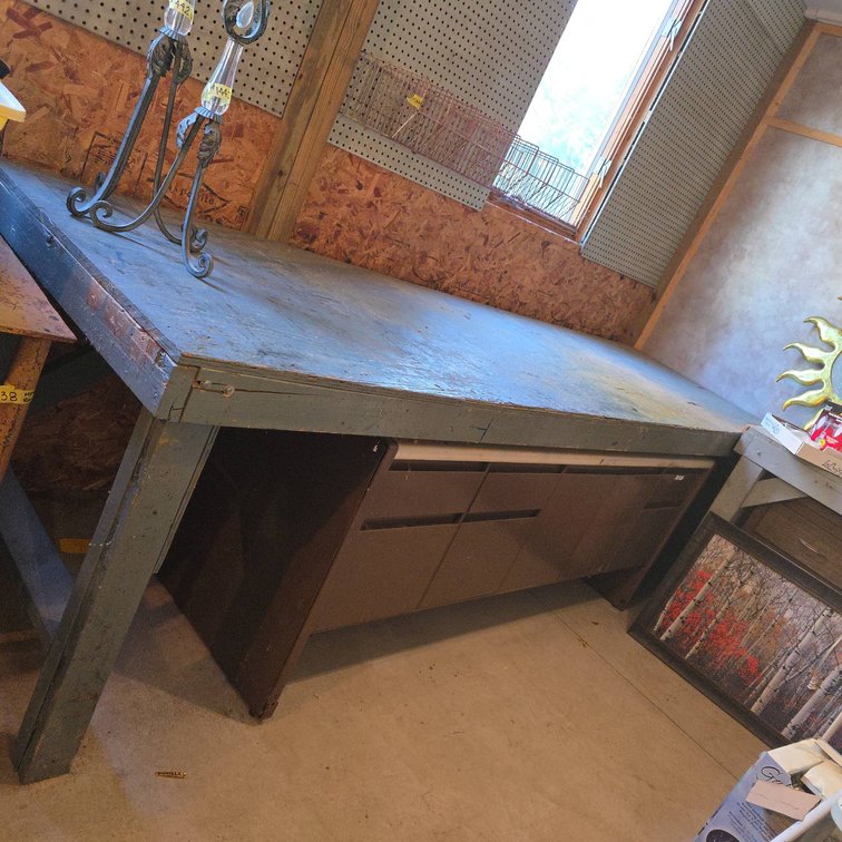 Large Heavy-Duty Wood Workbench with Blue Painted Top
