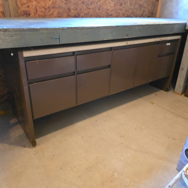 Heavy Brown Metal Desk with Six Drawers, Two Shelves