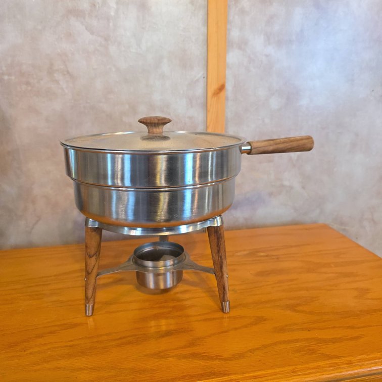 Mid-Century Stainless Steel Chafing Dish With Wood Handles and Stand, 9.5" Diameter, 9" Tall