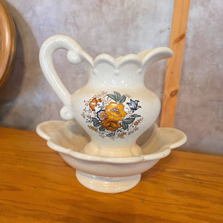 Ceramic Floral Pitcher and Basin Set with 9.5" Diameter Basin and 8.5" Tall Pitcher, Crackle Glaze Finish