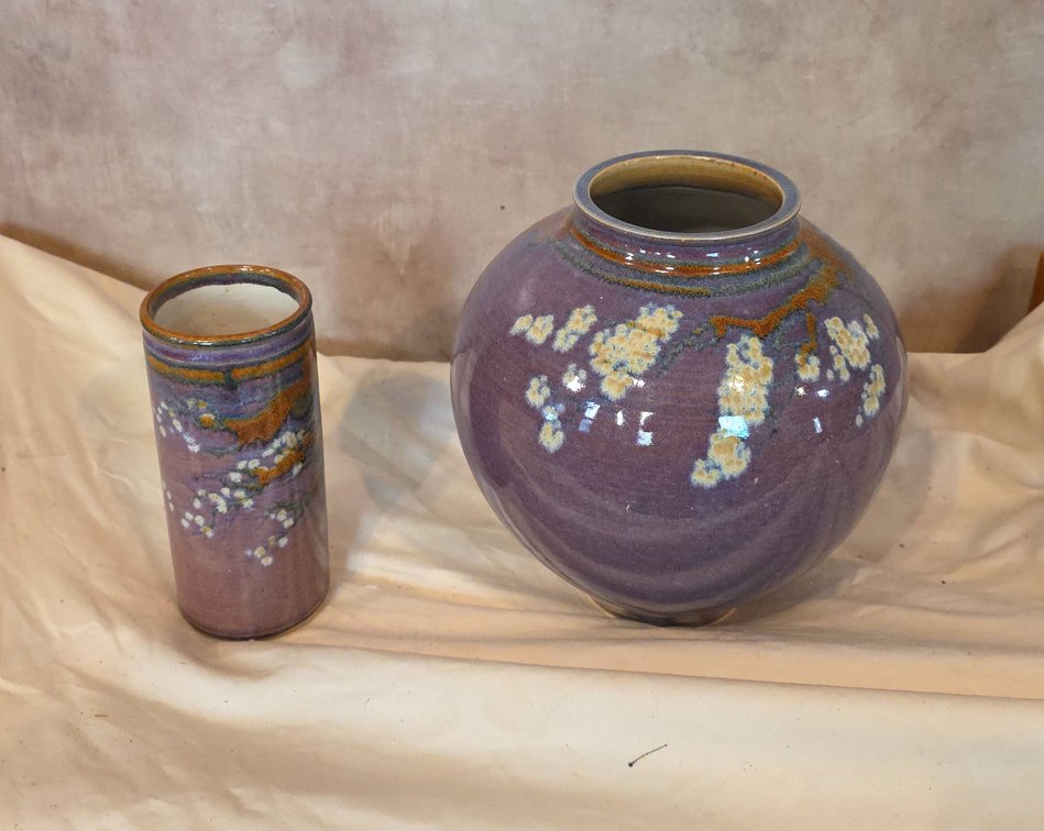 Studio Pottery Vases with Floral Glaze Decoration, Largest 9" Tall, Signed on Base