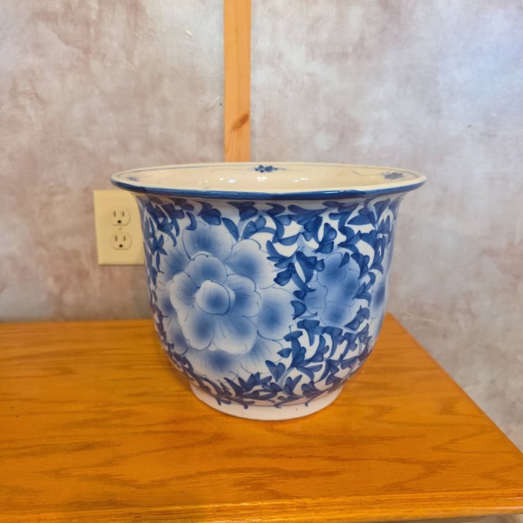 Blue and White Porcelain Flower Planter Pot with Floral Design, 12" Diameter, 9.5" Tall