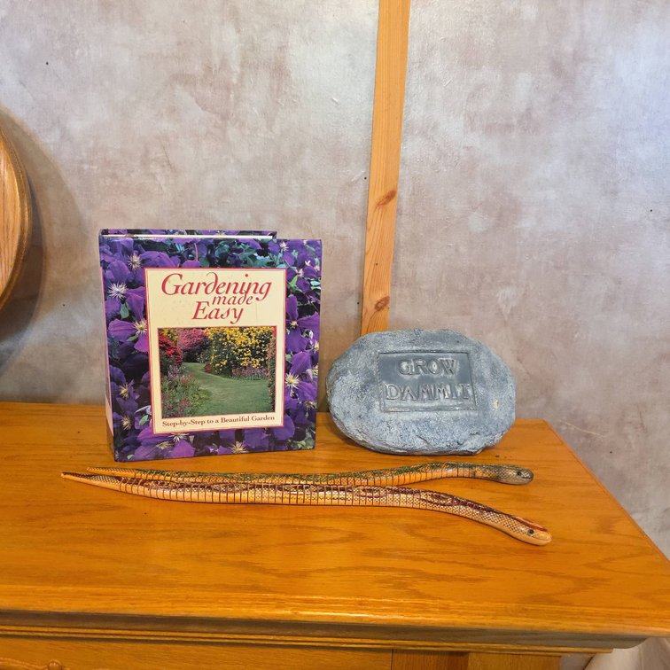 Gardening Made Easy Book, Novelty 'Grow Dammit' Garden Stone, Pair of Wood Snakes, Longest 20 Inches