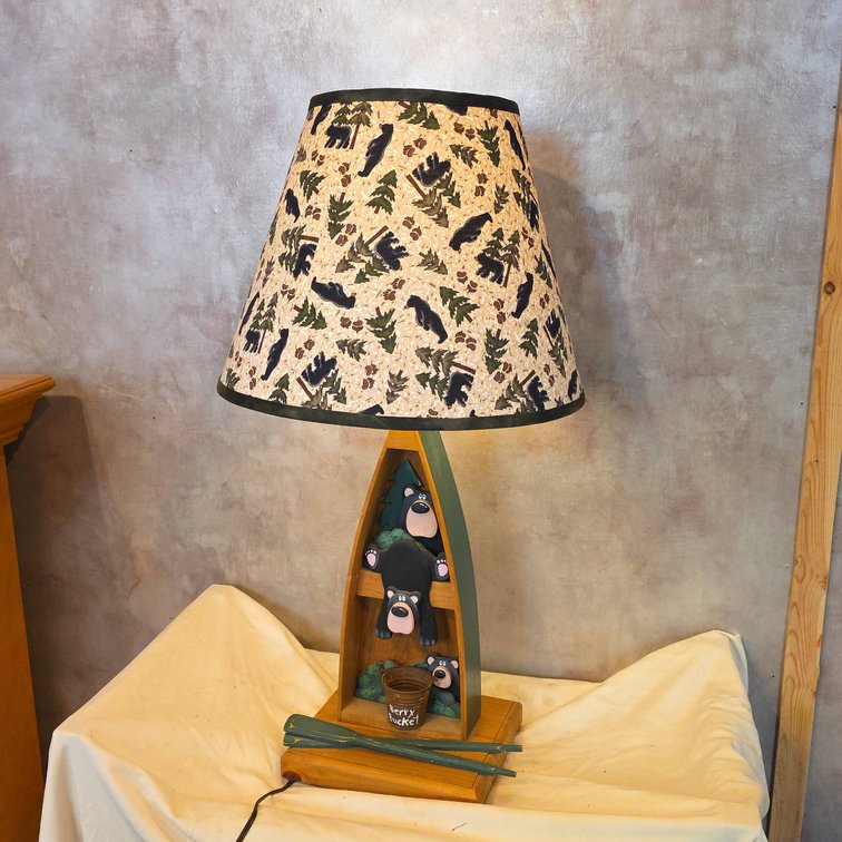 Bear-Themed Canoe Table Lamp With Patterned Shade, 29.5" Tall, In Working Condition
