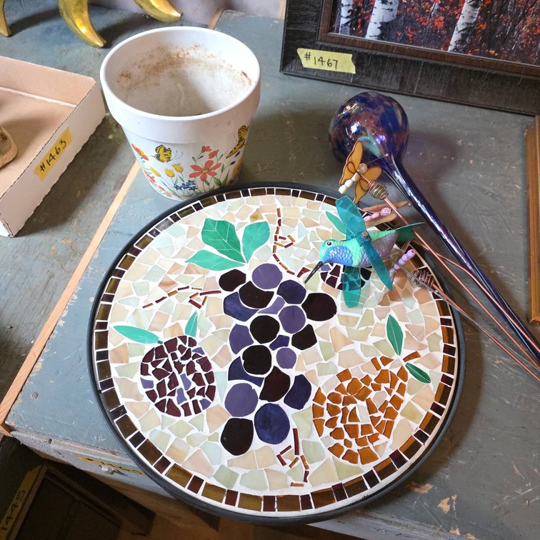 Decorative Ceramic Flowerpot with Painted Insects, Set of Garden Ornaments, Stained Glass Table Top