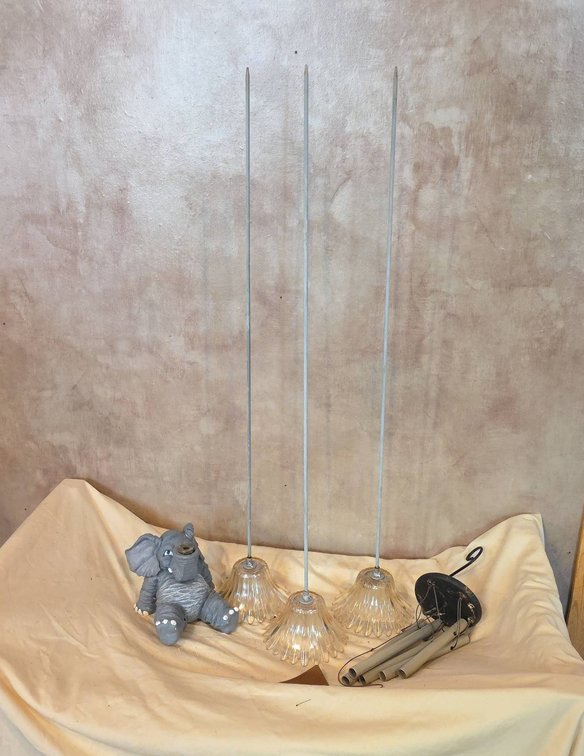 Wind Chime Set with Metal Elephant Holder and Three 27-Inch Tall Glass Flower Stem Chimes