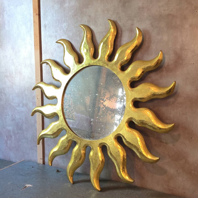Gold Sunburst Wall Mirror with Wooden Frame, Made in Indonesia, 31-Inch Diameter