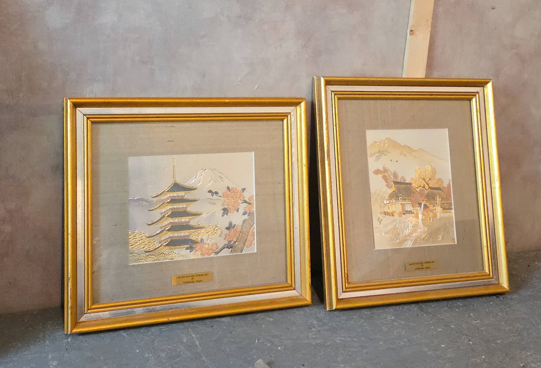 Pair Limited Edition Chokin Art Metal Etchings by Yoshinobu Hara, Framed, Japanese Scenes